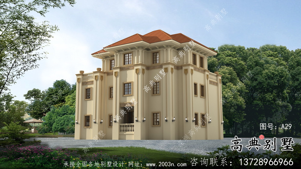 欧式三层农村复式别墅设计效果图纸