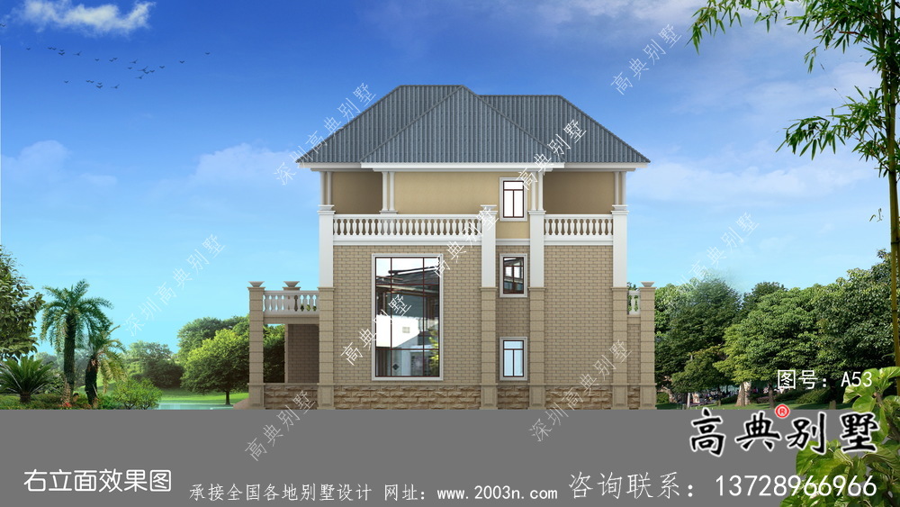 农村三层带车库欧式别墅外观效果图