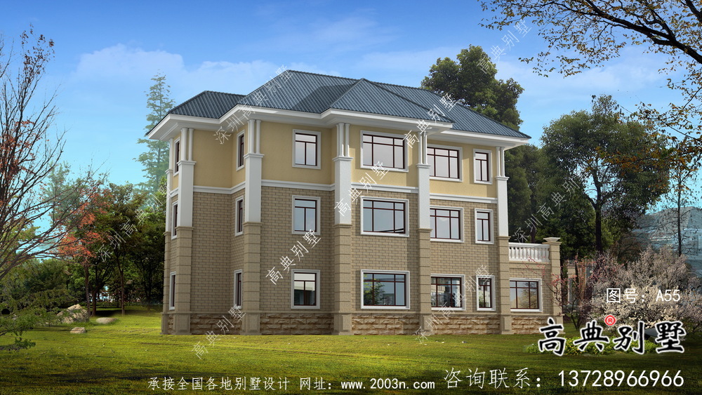 农村复式三层带车库欧式别墅效果图