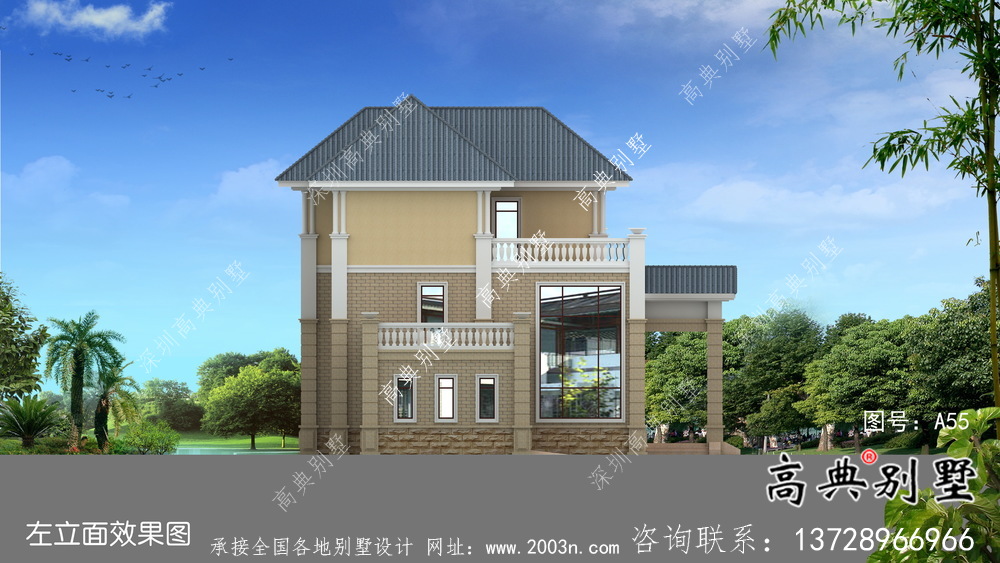 农村复式三层带车库欧式别墅效果图