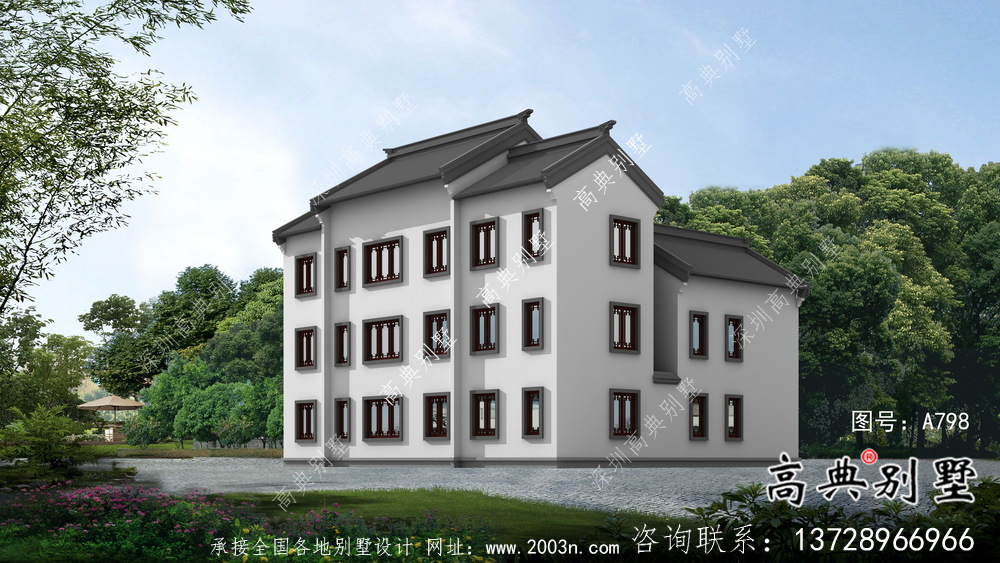 三层新型中式别墅设计及施工效果图