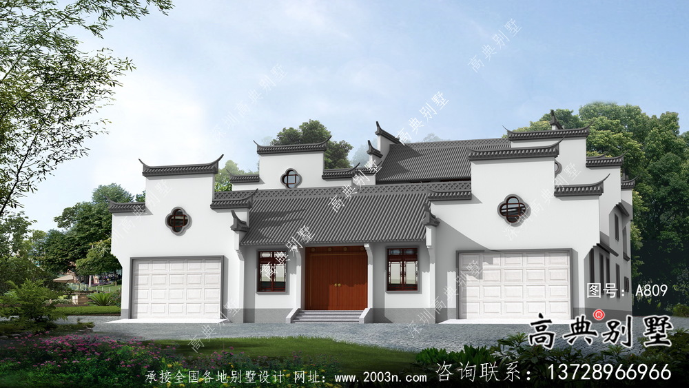 传统中式三层徽派别墅设计外观图