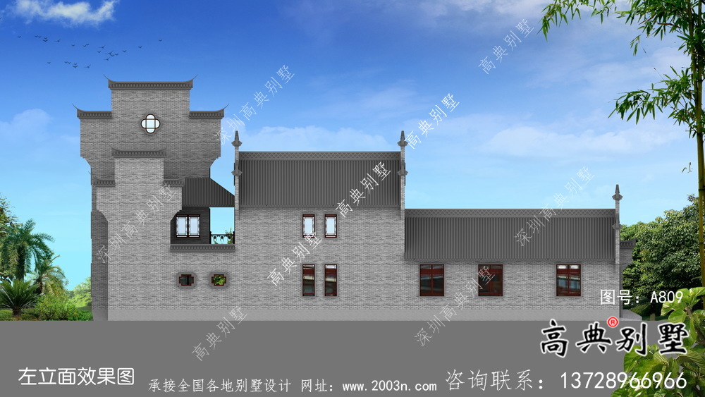 传统中式三层徽派别墅设计外观图