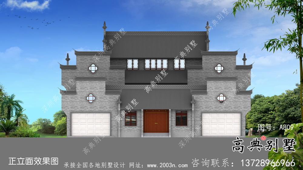 传统中式三层徽派别墅设计外观图