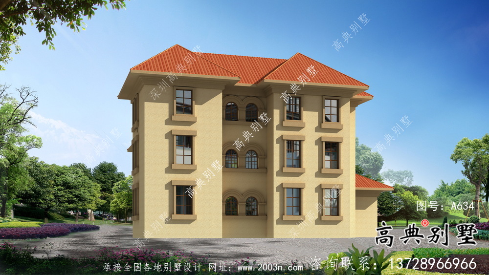 城镇欧式风格含车库别墅户型设计图+效果图	