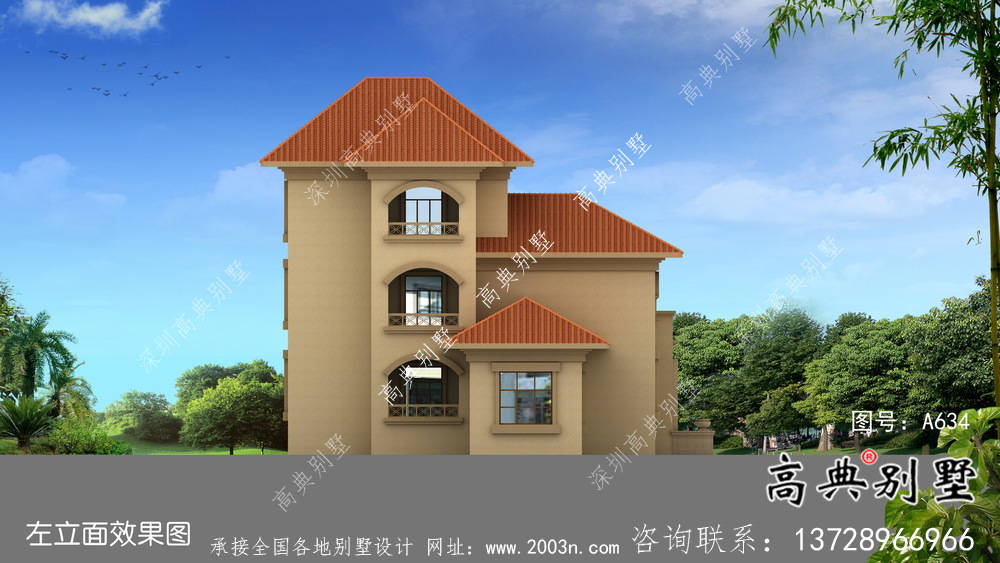 城镇欧式风格含车库别墅户型设计图+效果图	