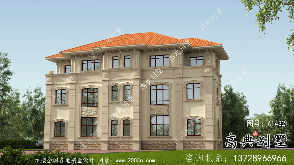 复式三层双拼欧式别墅外观效果图及设计图纸