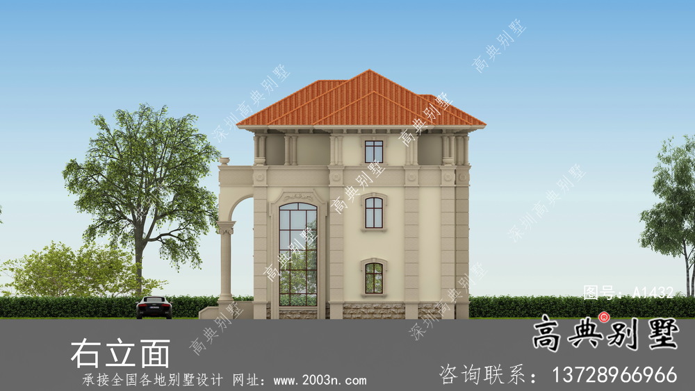 复式三层双拼欧式别墅外观效果图及设计图纸