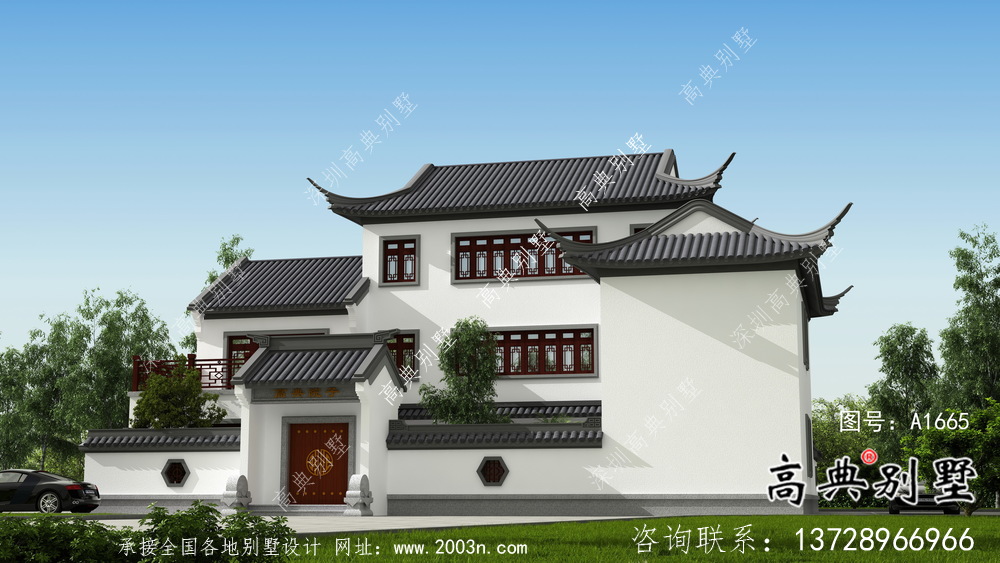 新中式三层苏式园林别墅外观效果图