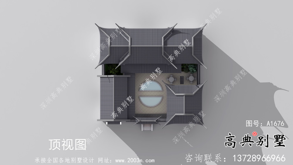 单层坡屋顶中式别墅，苏式园林别墅效果图