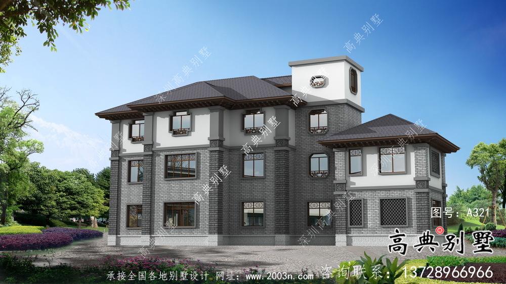 三层豪华带架空层复式别墅户型图（含效果图）