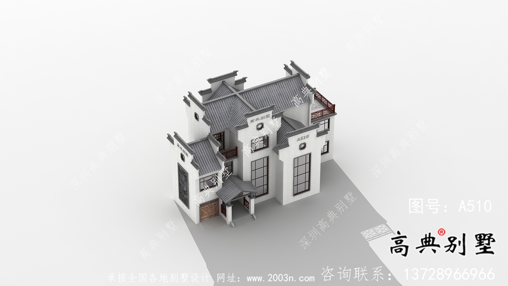 农村自建三层徽派别墅外观效果图