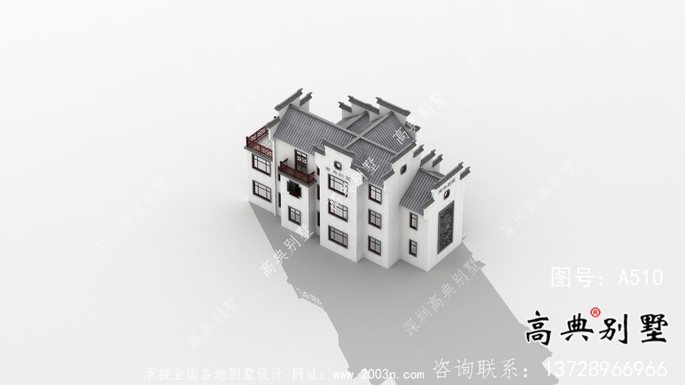 农村自建三层徽派别墅外观效果图