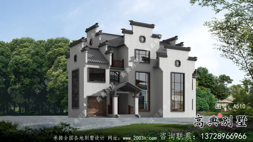 农村自建三层徽派别墅外观效果图