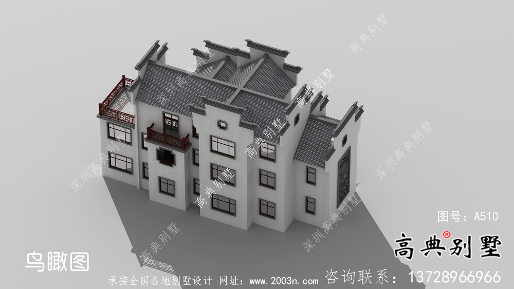 农村自建三层徽派别墅外观效果图