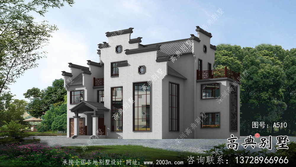 农村自建三层徽派别墅外观效果图