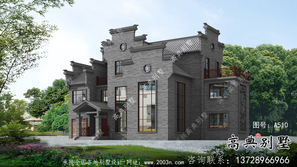 农村自建三层徽派别墅外观效果图
