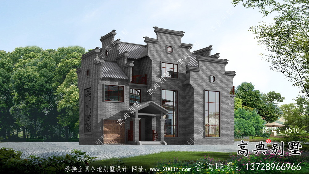 农村自建三层徽派别墅外观效果图