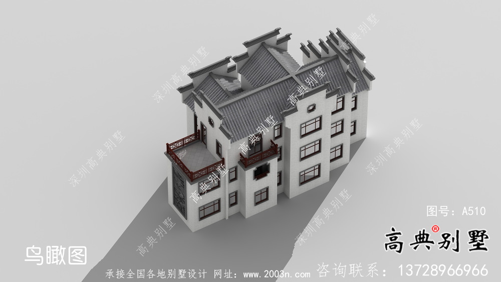 农村自建三层徽派别墅外观效果图