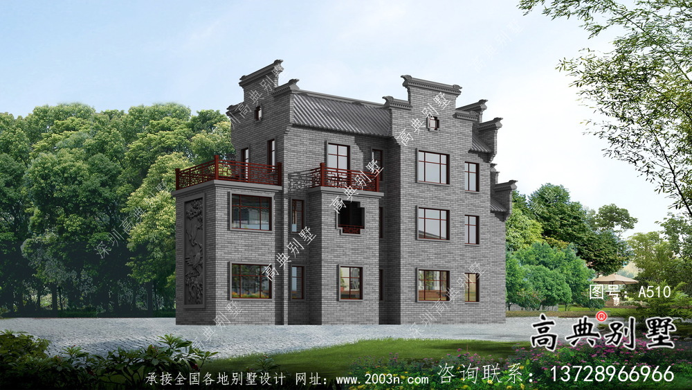 农村自建三层徽派别墅外观效果图