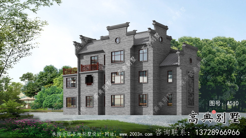 农村自建三层徽派别墅外观效果图