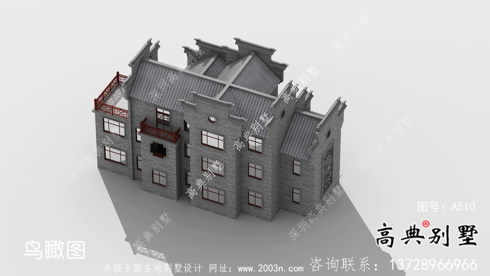 农村自建三层徽派别墅外观效果图