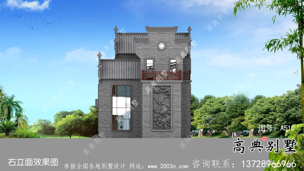 农村自建三层徽派别墅外观效果图