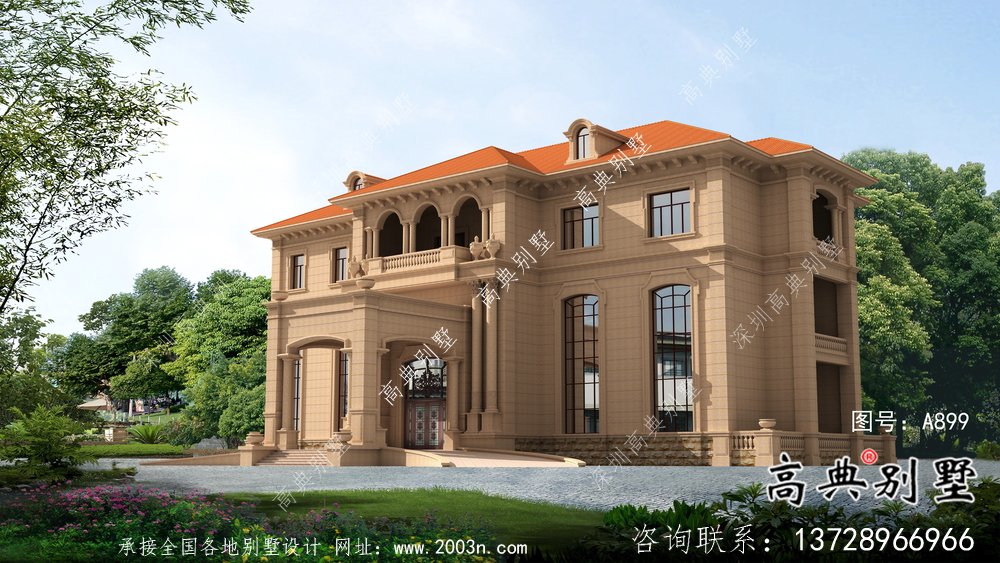 坡屋顶大气三层带地下室别墅设计效果图