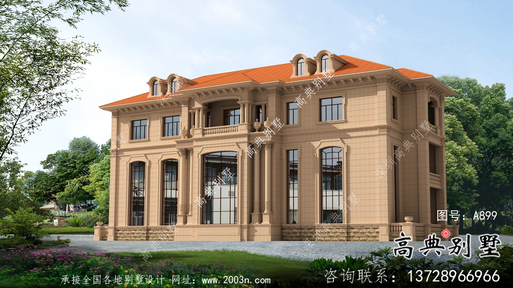 坡屋顶大气三层带地下室别墅设计效果图