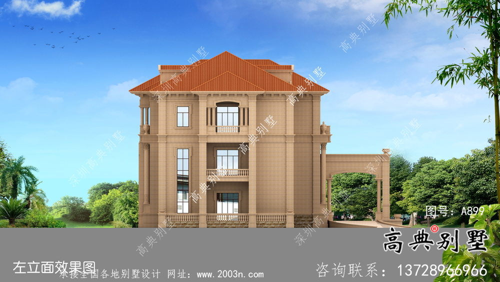 坡屋顶大气三层带地下室别墅设计效果图