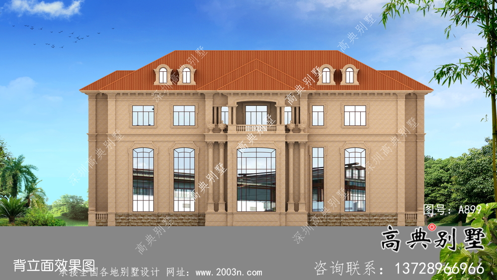 坡屋顶大气三层带地下室别墅设计效果图