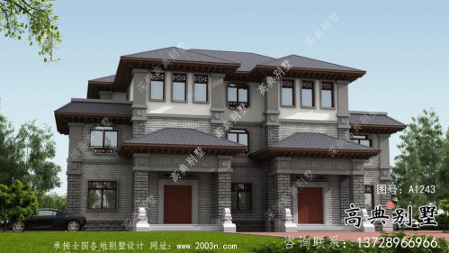 美观三层新中式风格双拼别墅方案图