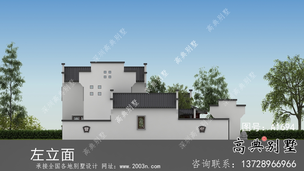 新中式二层带庭院徽派别墅设计图纸