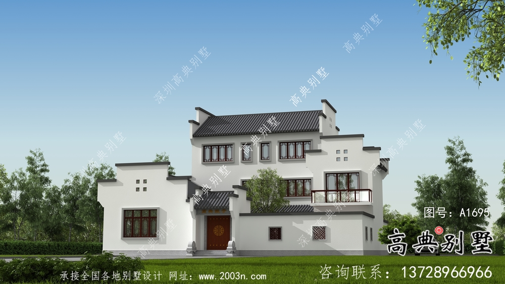 带前后院经济型农村三层徽派别墅设计图