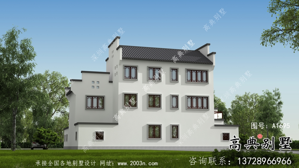 带前后院经济型农村三层徽派别墅设计图