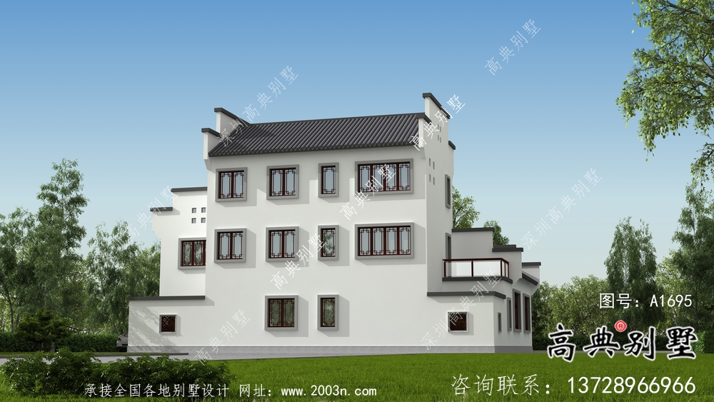 带前后院经济型农村三层徽派别墅设计图