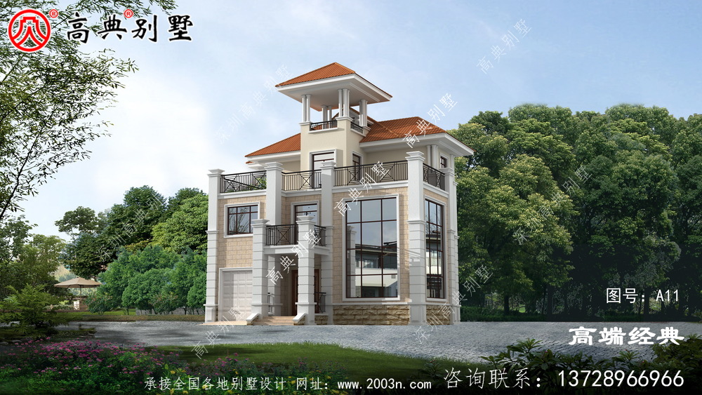 奢华欧式三层别墅设计效果图，带观景凉亭