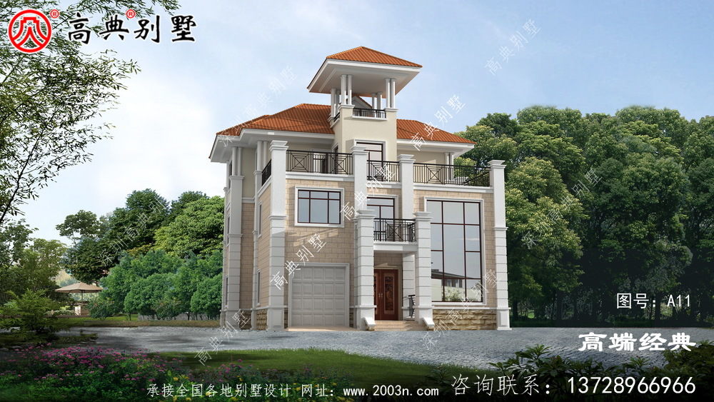 奢华欧式三层别墅设计效果图，带观景凉亭