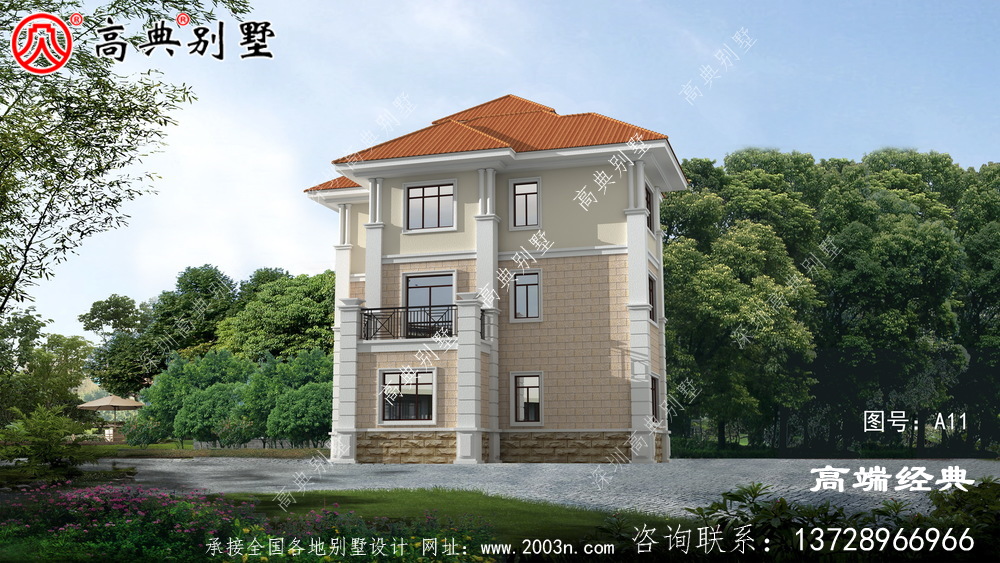 奢华欧式三层别墅设计效果图，带观景凉亭