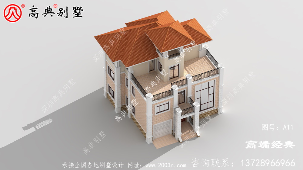 奢华欧式三层别墅设计效果图，带观景凉亭