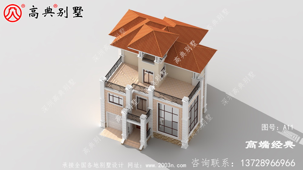 奢华欧式三层别墅设计效果图，带观景凉亭