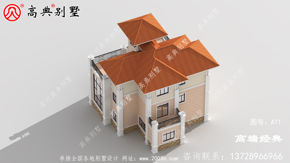 奢华欧式三层别墅设计效果图，带观景凉亭