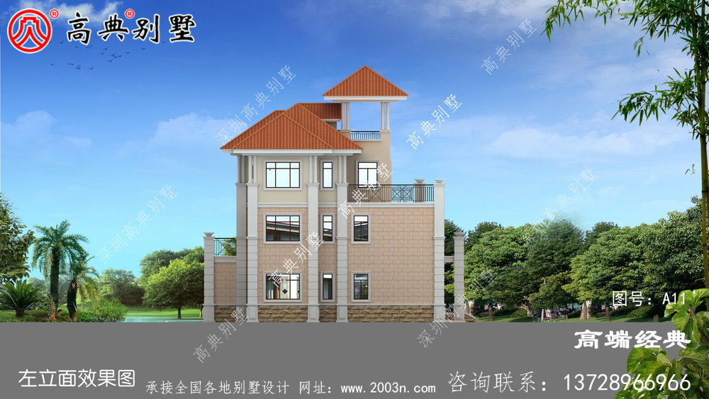 奢华欧式三层别墅设计效果图，带观景凉亭