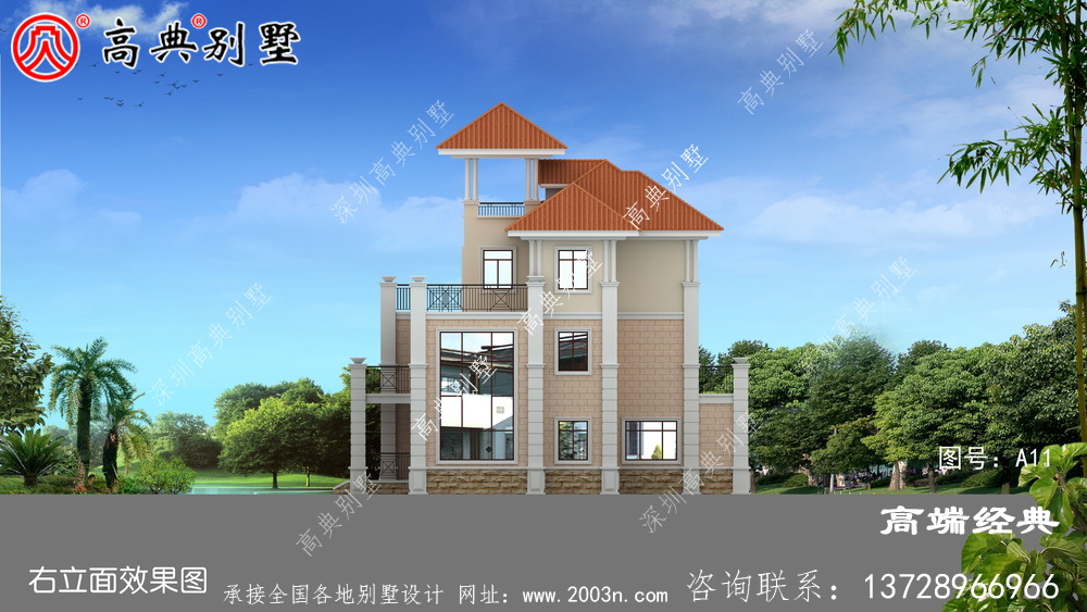 奢华欧式三层别墅设计效果图，带观景凉亭