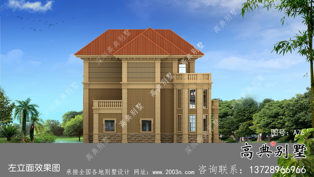 三层法式风格独栋别墅设计，带(观景台和车库)