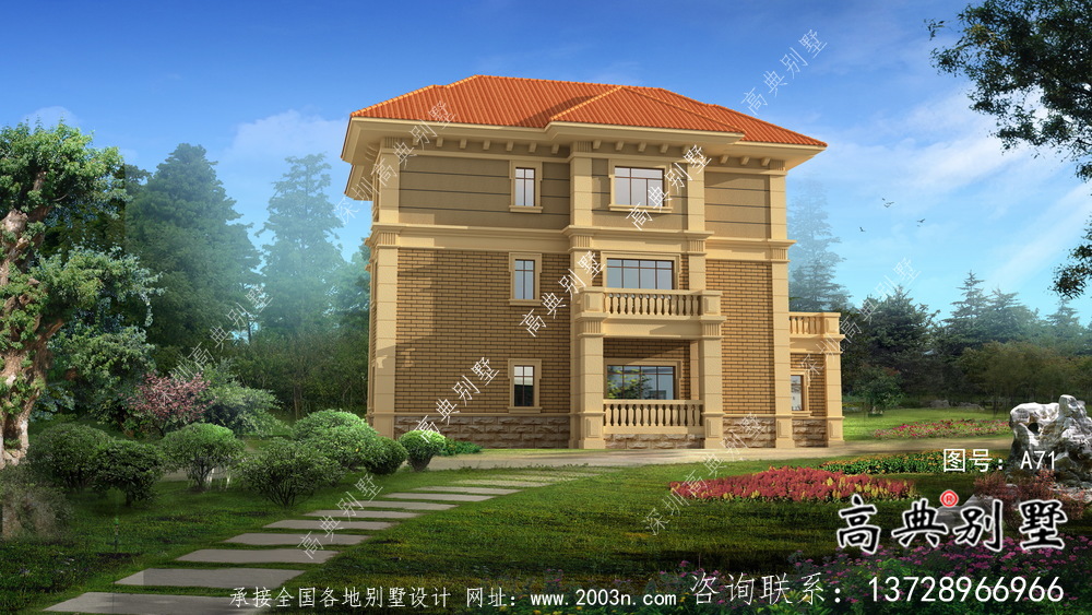 独幢古典风格经济三层别墅建筑设计图纸+设计效果图