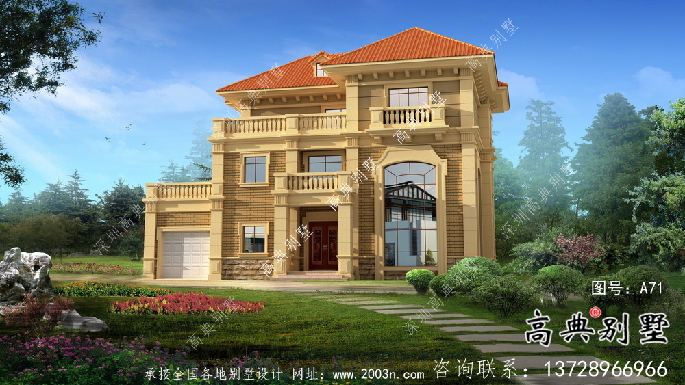 独幢古典风格经济三层别墅建筑设计图纸+设计效果图