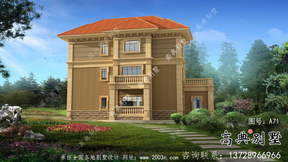 独幢古典风格经济三层别墅建筑设计图纸+设计效果图