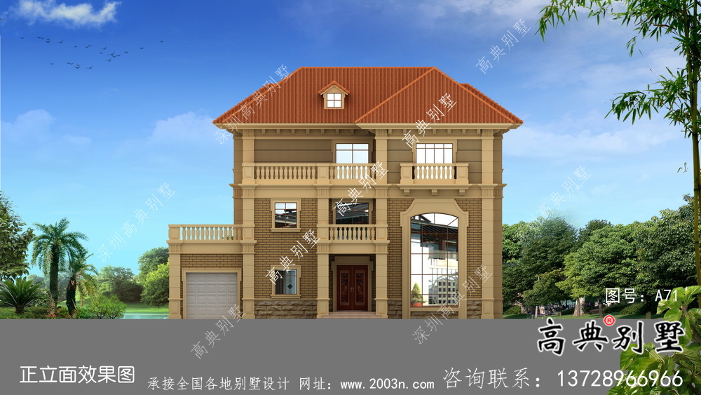 独幢古典风格经济三层别墅建筑设计图纸+设计效果图