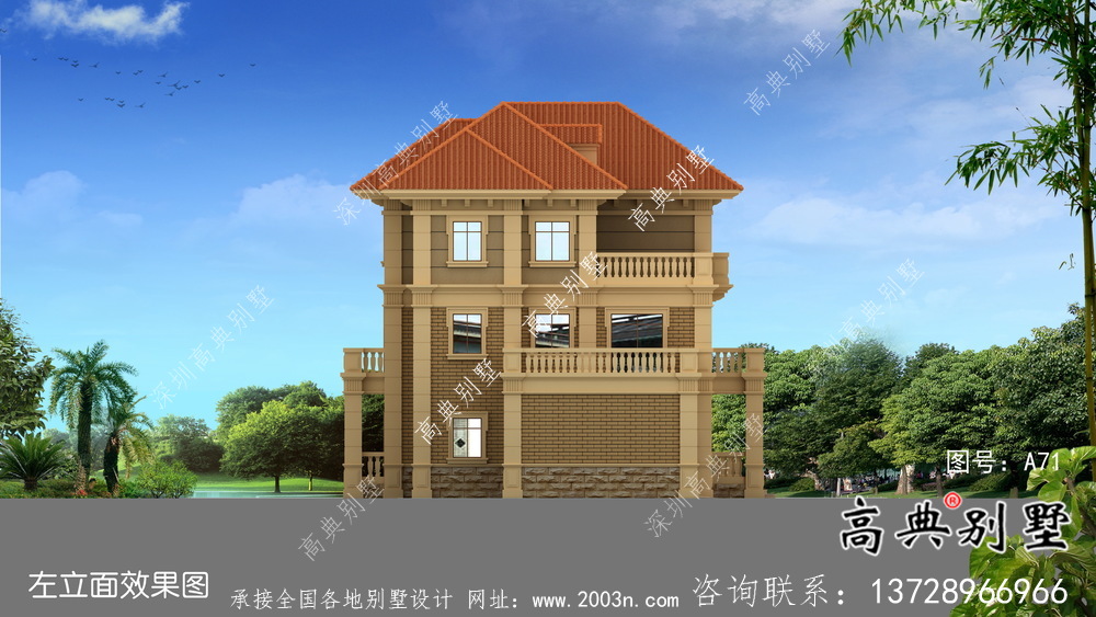 独幢古典风格经济三层别墅建筑设计图纸+设计效果图